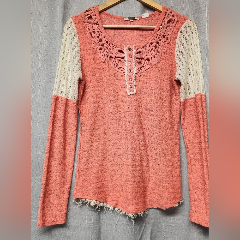 Miss Me~Coral/cream Long-sleeve Distressed Shirt~Women's Size Large